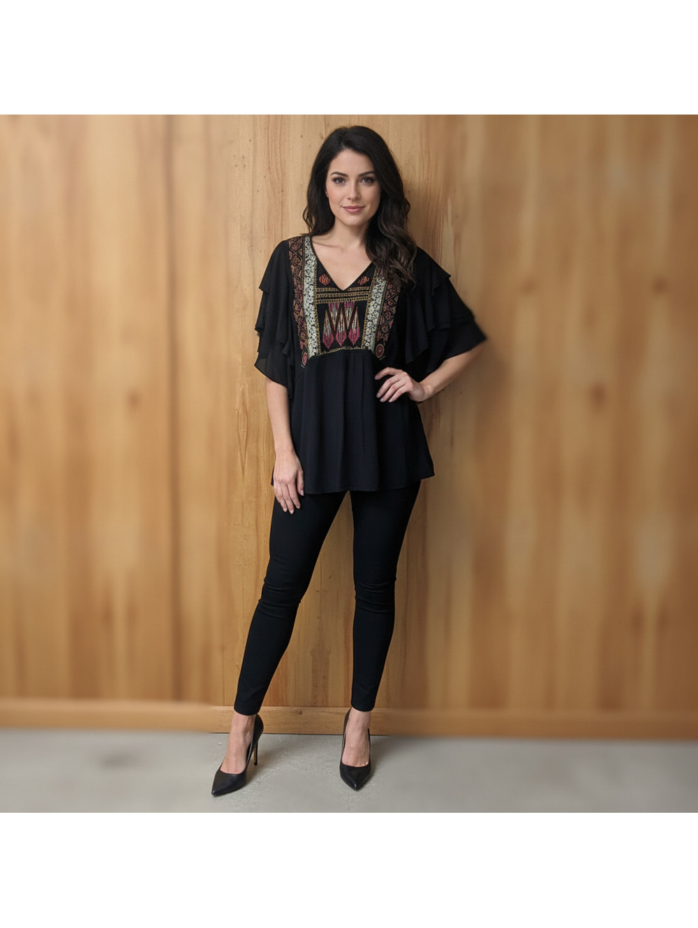 Black Embroidered V-Neck Blouse with Ruffled Sleeves